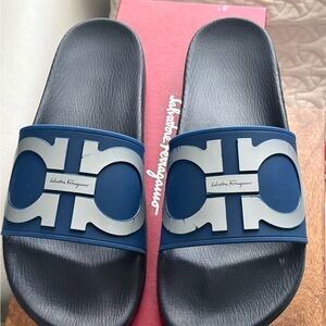 Salvatore Ferragamo Navy and silver Slides
